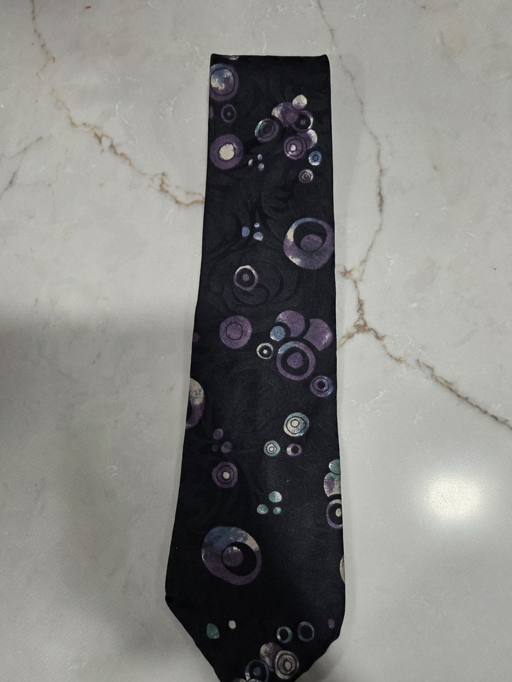 Halston Heritage Black Tie with Purple and Teal Circular Motifs